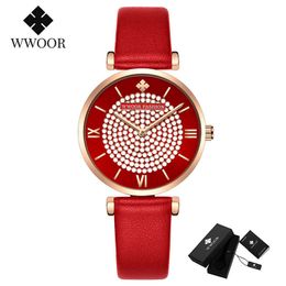 WWOOR Luxury Small Dial Women Watches Dress Diamond Wrist Watch For Women Red Leather Quartz Waterproof Clock Gift Female Watch 210527