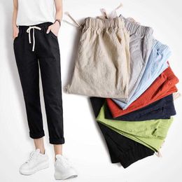 Women Spring Summer Baggy Pants Solid Casual Cotton Linen Harem High Waist Lace Up Loose Ankle-Length Trousers Female 210526