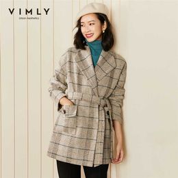 VIMLY Winter Plaid Coats and jackets for women Fashion Lapel Pockets Belt Overcoat Elegant Female Blazer Woollen Coat F2998 211110