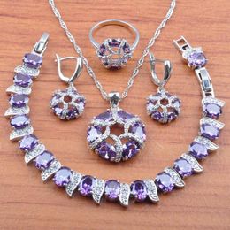 Earrings & Necklace Natural Purple Crystal Zirconia Silver Colour Jewellery Sets Russian Style Wedding Set Pendant Rings Bracelet JS0440