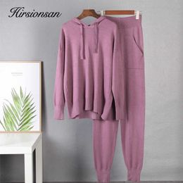 Hirsionsan Cashmere Casual Two Piece Knitted Carrot Pants & Hooded Sweater Women Autumn Winter Sets Female Tracksuits Harem Pant 210930