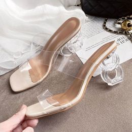 Ladies Slides Fashion Summer Transparent PVC Women Slippers Square Toe High Heels Sandals Female Footwear Outside Shoes 2021 New