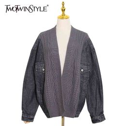 Splicing Denim Knitted Sweater For Women V Neck Long Sleeve Korean Jackets Female Fashion Clothing Style 210524
