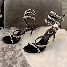 Rene Caovilla Cleo sandals Pearl Crystals Gem Embellished stiletto Heels Evening shoes women high heeled Luxury Designers Wraparound Dress shoe factory footwearh