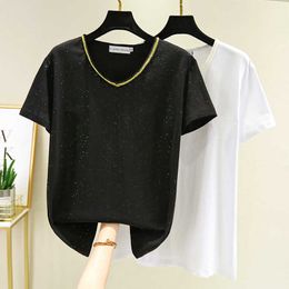 Shiny T Shirt Women Cotton V-Neck Letter Basic Clothing Ladies Tops Short Sleeve Summer Tee Shirt Femme Black 210604