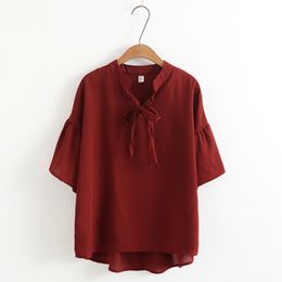 Women Chiffon Bow Collar Flare Sleeve 3/4 Wine Red Pink Solid Top Blouse Summer B0305 210514