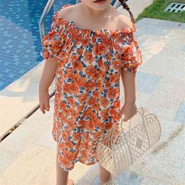 Summer Flower Dress Girl Clothing One Shoulder Collar Holiday Style Kids Clothes Girls For 210528