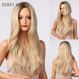 Dark Root Ombre Black Blonde Golden Wigs Long Wavy Synthetic Wig for Women Middle Part Cosplay Wig High Temperaturefactory direct