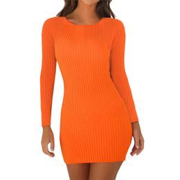 Women Long Sleeve O-Neck Package Hips Sexy Mini Autumn Dresses Knitted Vestidos Orange Black Red Party Bodycon Dress High Waist 210507