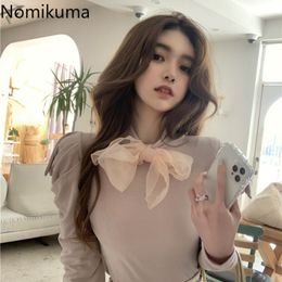 Nomikuma Gauze Bow Lace Up Puff Sleeve T Shirt Women Korean Chic Slim Fit Basic Stretcn Tops Casual All-match Tshirts 210514