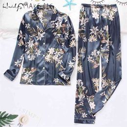 Women's Suit Silk Satin Pyjamas Set Long Sleeve Trouser Suits Button-Down Sleepwear Loungewear Shorts Female Pyjamas Mujer 210830
