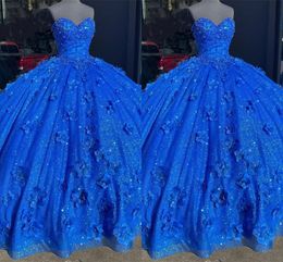 Glitter Tulle Royal Blue Quinceanera Dresses 3D Flowers Pearls Beaded Strapless Ball Gown Sweet 16 Dress Puffy Plus Size Special Occasion