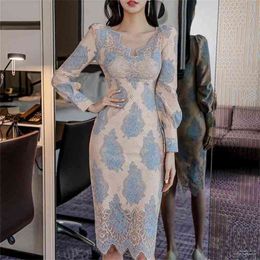 Spring Sexy Blue Lace Patchwork Pencil Bodycon Dress Women Hollow Out See Through Sheath Dresses OL Work Vestidos 210603