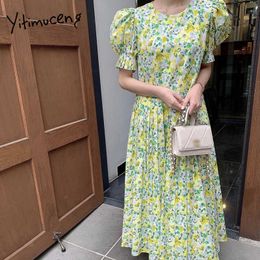 Yitimuceng Floral Print Dresses for Women Summer Oversized Korean Fashion Boho Midi Dress short Puff Sleeve A-Line Yellow 210601