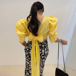 Korean Chic Sweet Sexy White V Backless Bow Bandage Blouse Women Crop Tops Puff Sleeve Blusas Mujer Fashion Drop 210610