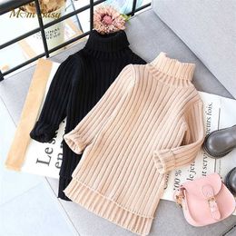 Baby Girl Knitted Ribbed Sweater Long Autumn Winter Spring Toddler Child Pullover Turtleneck Clothes 2-7Y 211201
