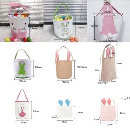 NEWEaster Gift Basket Jute Burlap Bucket Bunny Ears Egg Hunt Bucket Tote Bags For Kids Happy Decor Party Favour RRE12355