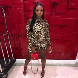 OMSJ High Quality Autumn Winter Bodycon Playsuits Fitness Casual Biker Jumpsuits Long Sleeve Leopard Print Stretch Rompers 210517