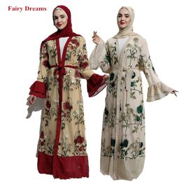 womens bolero cardigans Canada - Ethnic Clothing Open Abayas Kimono Dubai Turkish Bangladesh Lace Embroidery Bolero Women Muslim Dress Caftan Bandage Cardigan Islamic