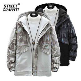 Men's Winter Warm Parkas Coat Autumn Casual Stand Collar Oversized Texture Printing Jacket Hood Thick Hat White Duck Down Parka 210819