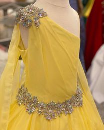 Yellow Pageant Dresses for Infant Toddlers Teens 2021 with Cape ritzee roise Ballgown Chiffon Long Girl Formal Party Gowns One-Shoulder Zipper Back Crystals