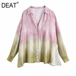 [DEAT] Spring Fashion Turn-down Collar Long Sleeve Tie Dye Printing Single-breasted Loose Women Shirt 13C446 210527