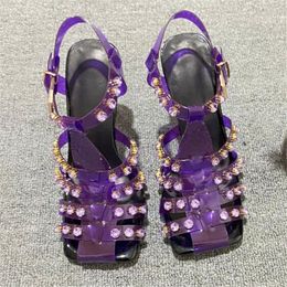Summer Transparent Sandals Fashion High Heels Square Toes Rivet Rhinestones Pumps Gladiator Sandal Wedding Party Shoes On Heels