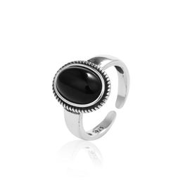 Cluster Rings Korean S925 Sterling Silver Black Agate Twisted Rope Antique Old Personality Opening Ring Jewelry Wholesale
