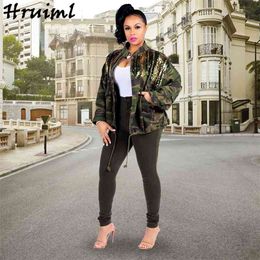 Womens Jackets And Coats Long Sleeve Sequin Patchwork Plus Size Jacket Camouflage Casual Streetwear Zipper Drawstring Ladies Top 210513