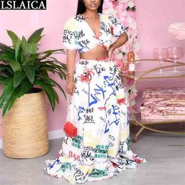 Two Piece Set Summer Fashion Print High Waist Long Skirt and Short Sleeve V Neck Crop Top Holiday Conjuntos De Mujer Verano 210515