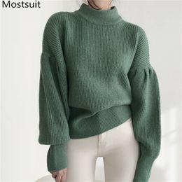 Thick Casual Puff Sleeve Women Knitted Pullovers Jumpers Autumn Winter O-neck Warm Soft Loose Female Solid Sweater Tops 210513