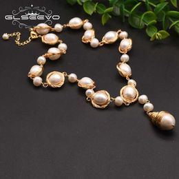 GLSEEVO Natural Fresh Water Baroque Pearl Pendant Necklace For Women Adjustable Necklaces Luxury Jewelry Bisuteria Mujer GN0045