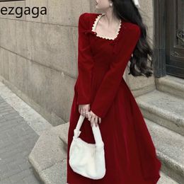 Ezgaga Elegant Dress Women Spring French Style Vintage Long Sleeve Square Collar Lace Up Lace High Waist Dress Vestidos 210430