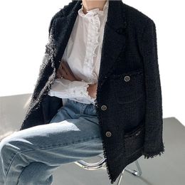 Korean Tassel Tweed Jackets 2021 Casacas Para Mujer Slim Long Sleeve Woman Coats Clothing Casual Spring Autumn Black Style Tops Women's Wool