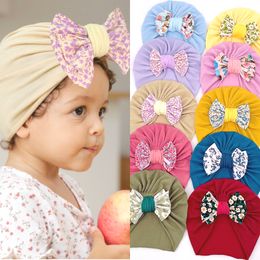 Floral Print Bowknot Baby Hat Big Bowknot Baby Girl Hat Turban Head Wraps Baby Bonnet Beanie Newborn Photography Props