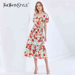 Print Hit Colour Dress For Women Slash Neck Short Sleeve High Waist Vintage Dresses Female Fashion Clothing 210520