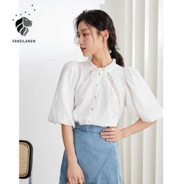 FANSILANEN Office Ladies French Short Sleeve White Shirt Summer Stand Collar Hollow Lantern Top Clothes 210607