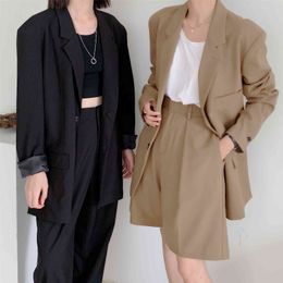 Spring And Summer Loose Women's Office Pants Suit Casual Blazer Wide-Leg Two-Piece Sets Shorts Set Female 210514