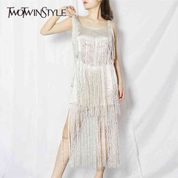 Party Dress For Women Square Collar Sleeveless Patchwork Tassel Designer Backless High Waist Dresses Female 210520