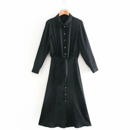 Spring Women Knot Decoration Black Satin Midi Shirt Dress Female Long Sleeve Clothes Casual Lady Loose Vestido D7155 210430
