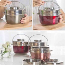 Portable Stainless Steel Insulated Lunch Box 2 Layer Bento Creative Style Grid Bucket Soup Container 210423