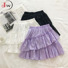 Sweet Girls Ruffled Elastic High Waist Women Summer Skirt Korean Style Solid Slim Student Dance Pleated Mini 210510