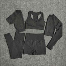 5pcs Women Workout Seamless Yoga Set Fitness Short Sleeve Long Crop Top Shirts Running Leggings Gym Clothes 210802