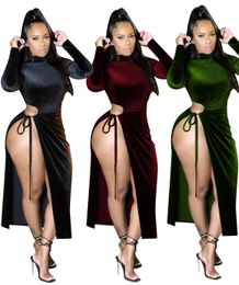 Sexy Party Night Club Dresses Women Autumn Velvet High Split Bodycon Midi Maxi Dress Long Sleeve Cut Out Pencil Bandage Y1006