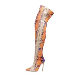 Boots Sexy Over The Knee Color-Blocking Python Pattern Pointed Toe Back Zipper High Heels Long Trendy Thigh Woman