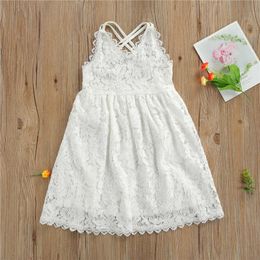 2-7 Years Kids Girls Summer White Slip Dress, Lace Floral V-Neck Sleeveless Spaghetti Strap Sundress for Girls Party Beach Dress Q0716