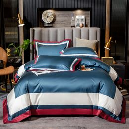 100S Egyptian cotton Bedding Set Embroidered Stitching Colour duvet cover bed linen luxury hotel pillowcases flat bedsheet 210319