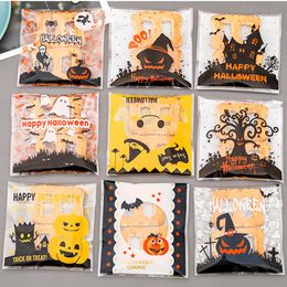 100Pcs/Lot Happy Halloween Candy Bag Baking Cookie Wraps Pumpkin Witch Print Self-Adhesive Plastic Biscuits Snack Treat Packaging Bags Translucent Gift TR0093