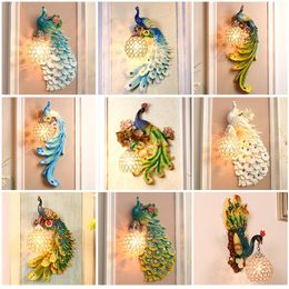 Chinese Traditional Art Weaving Resin Peacock Wall Lamp Vintage Bedroom Living Room Corridor LED Lights Lighting Decor