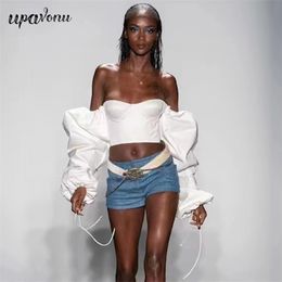 Free Women's Summer White Crop Top Sexy Wrapped Chest Shoulder Lantern Long Sleeve Bodycon Club Party 210524